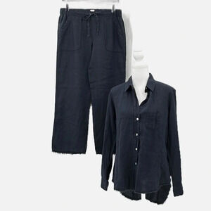 Pure Amici Linen Raw Edge Pants & Blouse Set in Blue - See Sizes in Description